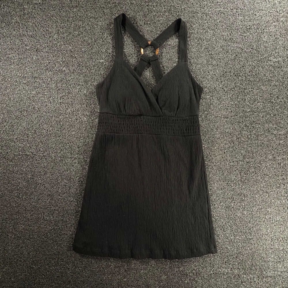 Self Esteem Black Smocked Womens S Empire Waist O-Ring Padded Tank Top Y2K